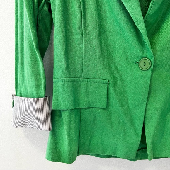 Green Blazer by Nana Fashion Striped Rolled Up Sleeves Faux Pockets Springwear - Picture 5 of 11